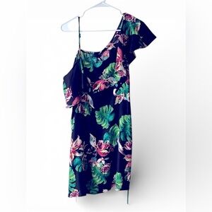 BeBop Pink and Green One Shoulder Flutter Sleeve Sundress